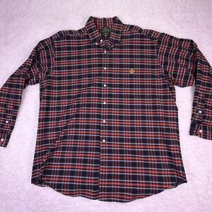 VTG‎ Lauren Ralph Lauren Mens L Red/Navy Plaid ButtonUp Crest Logo 100% Cotton